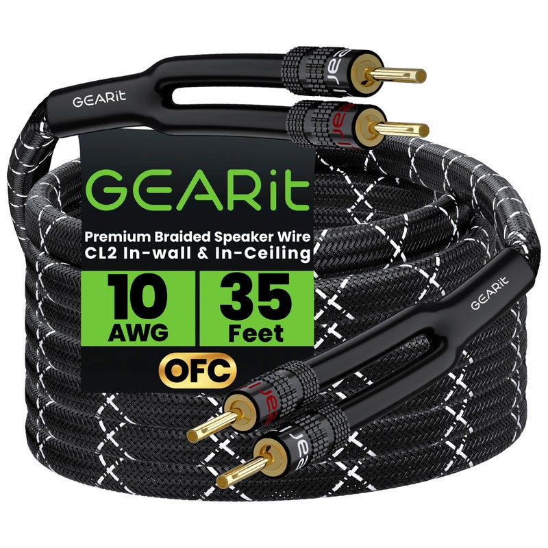 GEARit 10AWG Speaker Cable Wire with Gold-Plated Banana Tip Plugs (35 Feet) in-Wall CL2 Rated, Heavy Duty Braided, 99.9% Oxygen-Free Copper (OFC) - Black - Image 1