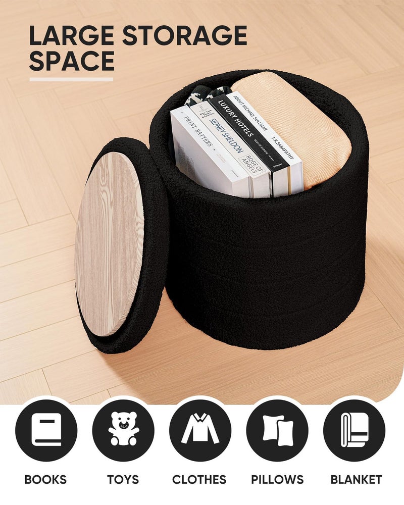 B FSOBEIIALEO Ottoman with Stroage, Round Sherpa Storage Ottoman Stool, Boucle Foot Rest 16.9"x16.9"x17.7"ï¼ˆBlack - Image 2