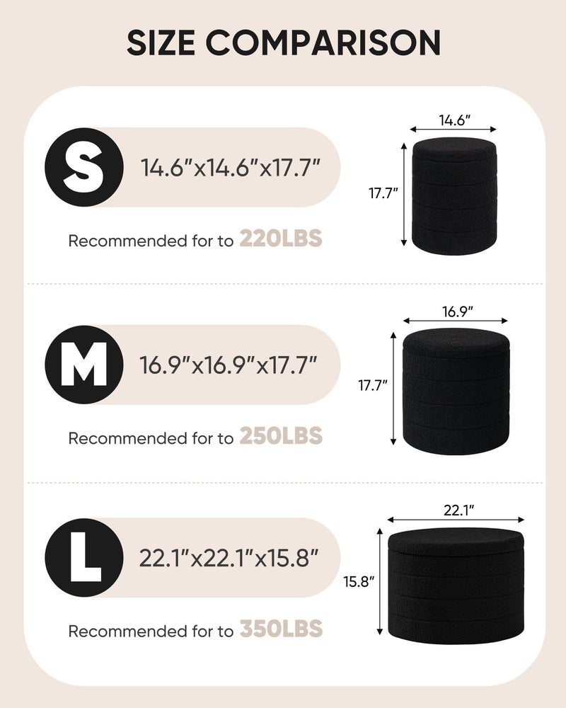 B FSOBEIIALEO Ottoman with Stroage, Round Sherpa Storage Ottoman Stool, Boucle Foot Rest 16.9"x16.9"x17.7"ï¼ˆBlack - Image 4