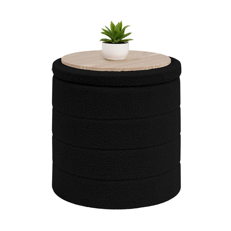 B FSOBEIIALEO Ottoman with Stroage, Round Sherpa Storage Ottoman Stool, Boucle Foot Rest 16.9"x16.9"x17.7"ï¼ˆBlack - Image 1