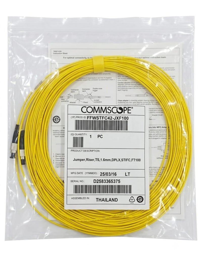 COMMSCOPE FFWSTFC42-JXF100 Duplex Fiber Optic Jumper Riser Cable, ST/FC Connectors, 1.6mm, 30 Meters, Yellow