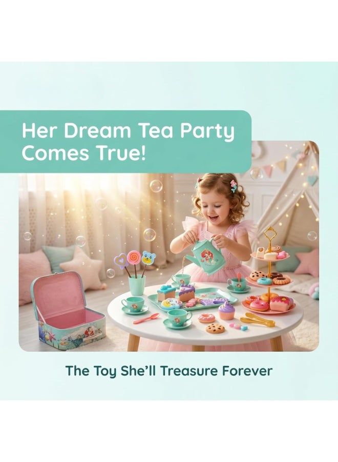ARGT 44 PCS Mermaid Tea Party Set for Little Girls – Kids Pretend Play Tin Tea Set with Carry Case, Teapot, Cups, Desserts – Princess Birthday Gift for Girls Ages 3 4 5 6 7 8 - Image 3