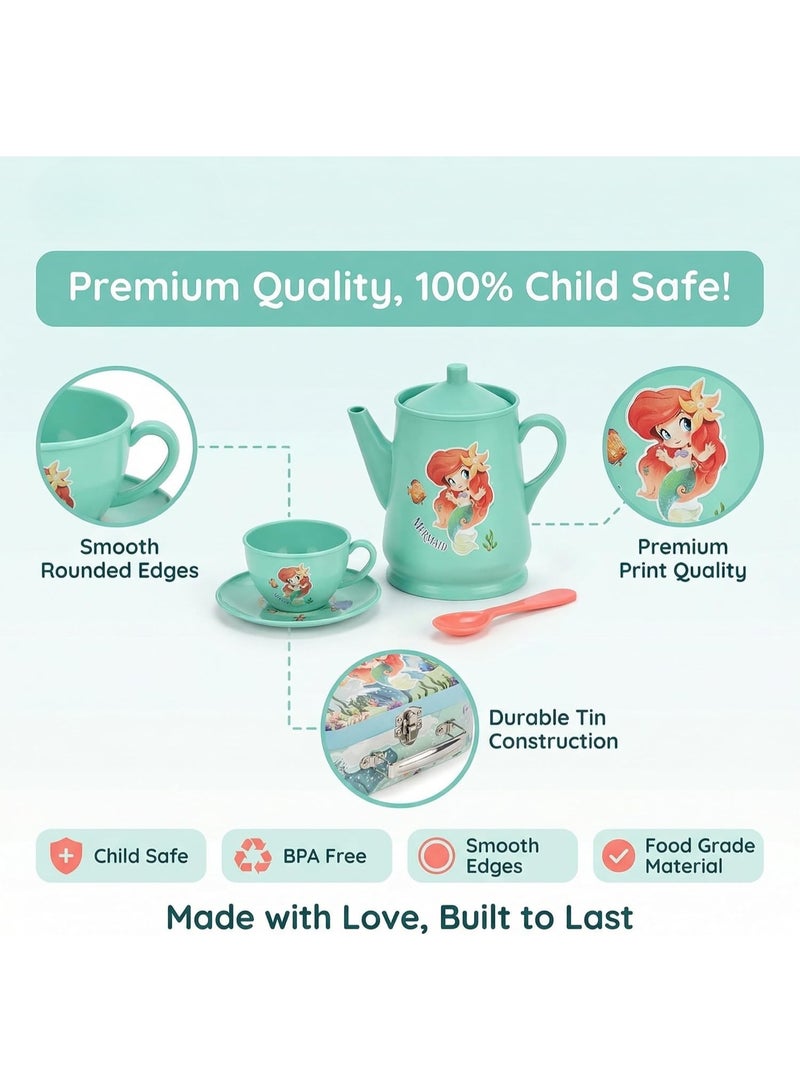 ARGT 44 PCS Mermaid Tea Party Set for Little Girls – Kids Pretend Play Tin Tea Set with Carry Case, Teapot, Cups, Desserts – Princess Birthday Gift for Girls Ages 3 4 5 6 7 8 - Image 4