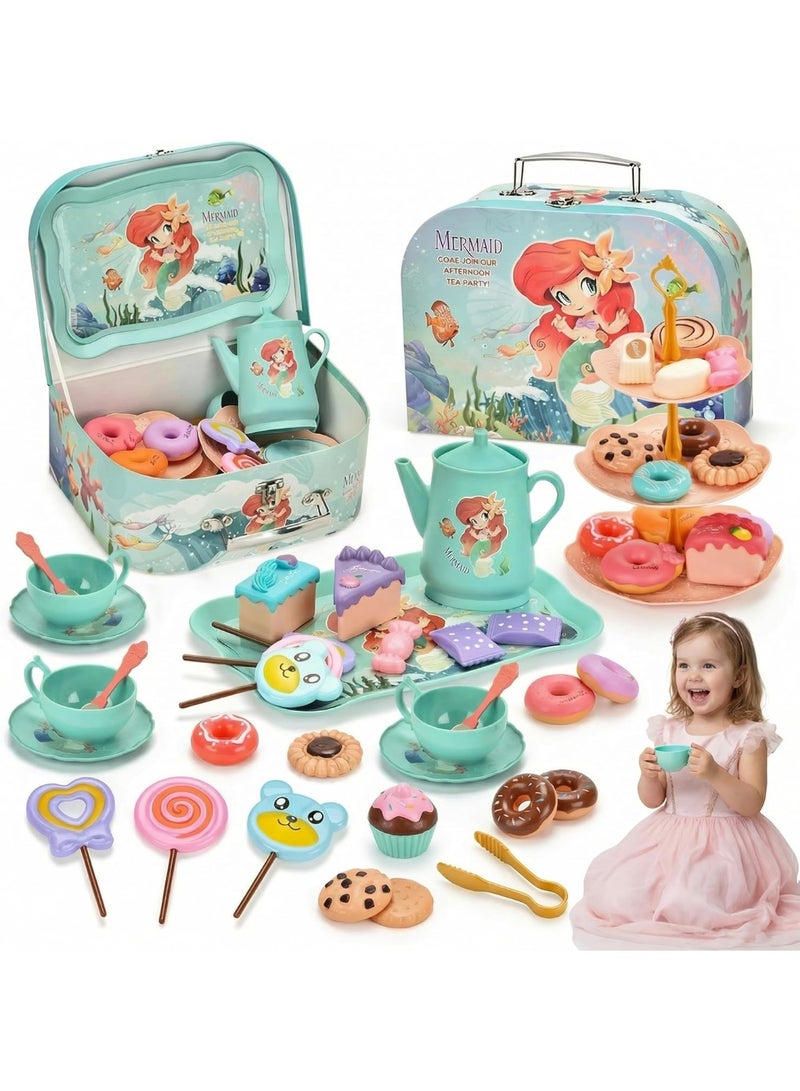 ARGT 44 PCS Mermaid Tea Party Set for Little Girls – Kids Pretend Play Tin Tea Set with Carry Case, Teapot, Cups, Desserts – Princess Birthday Gift for Girls Ages 3 4 5 6 7 8 - Image 1