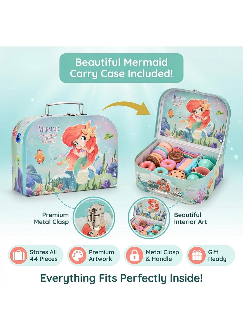 ARGT 44 PCS Mermaid Tea Party Set for Little Girls – Kids Pretend Play Tin Tea Set with Carry Case, Teapot, Cups, Desserts – Princess Birthday Gift for Girls Ages 3 4 5 6 7 8 - Image 5