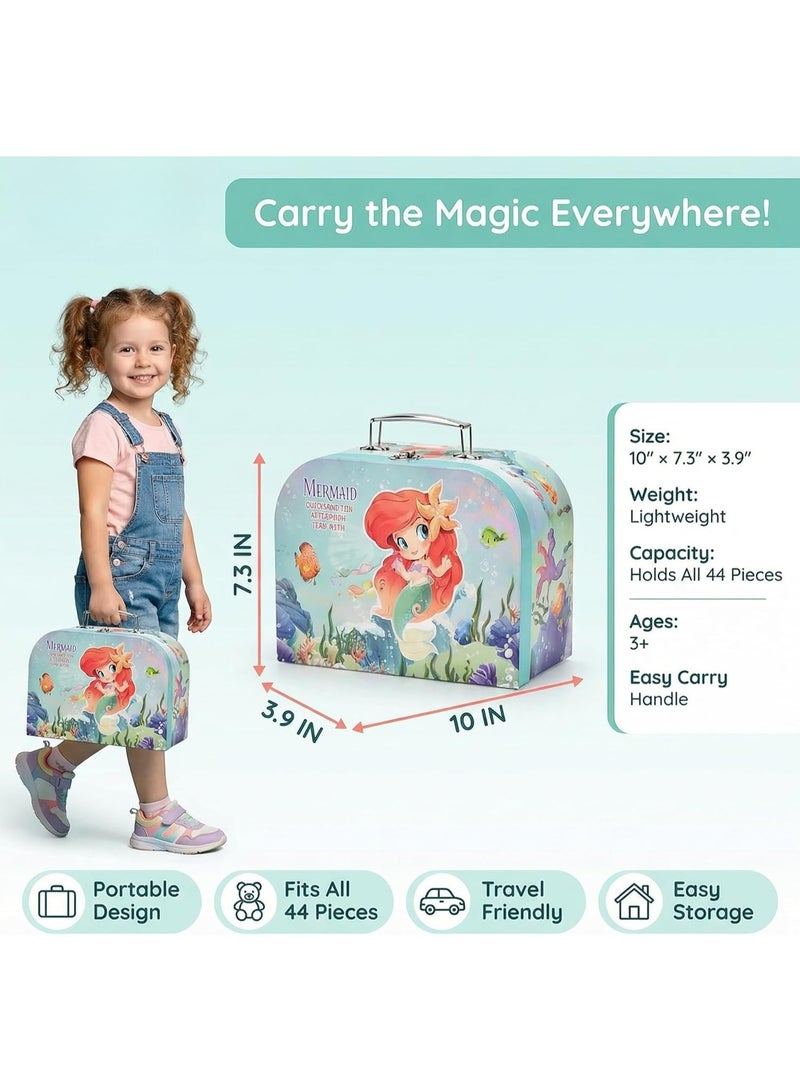 ARGT 44 PCS Mermaid Tea Party Set for Little Girls – Kids Pretend Play Tin Tea Set with Carry Case, Teapot, Cups, Desserts – Princess Birthday Gift for Girls Ages 3 4 5 6 7 8 - Image 2