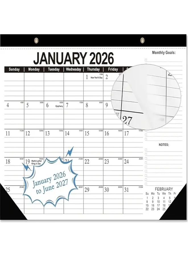 Black And White 18 Month Desktop Calendar 2026 2027 17x12 Inch Home Office Wall Decor - Image 1