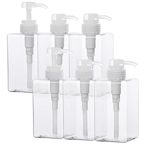 SUREAM Clear Empty Pump Bottles 6 Pack 15oz450ml Plastic Refillable Square Containers for Essential Oil Soap Lotion Shampoo Conditioner Large Hand Pump Dispensers for Bathroom and Kitchen Sink Use