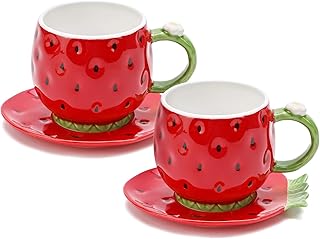 Noviko Strawberry Tea Cup and Saucer Coffee Mug Ceramic Coffee Cup with Saucer - 8 Ounce,Set of 2 (Red) - Image 1