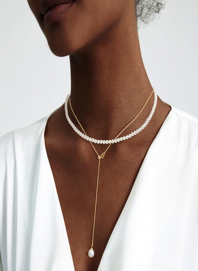 Zeffy Layered Long Pearl Necklaces Dainty Gold Pearl Lariat Necklace Stack Prom Drop Dangle Statement Adjustable Necklace Trendy Simple Pearl Choker Y-Shaped Chain Wedding Women's Jewelry Set Gift, 14 - Image 3