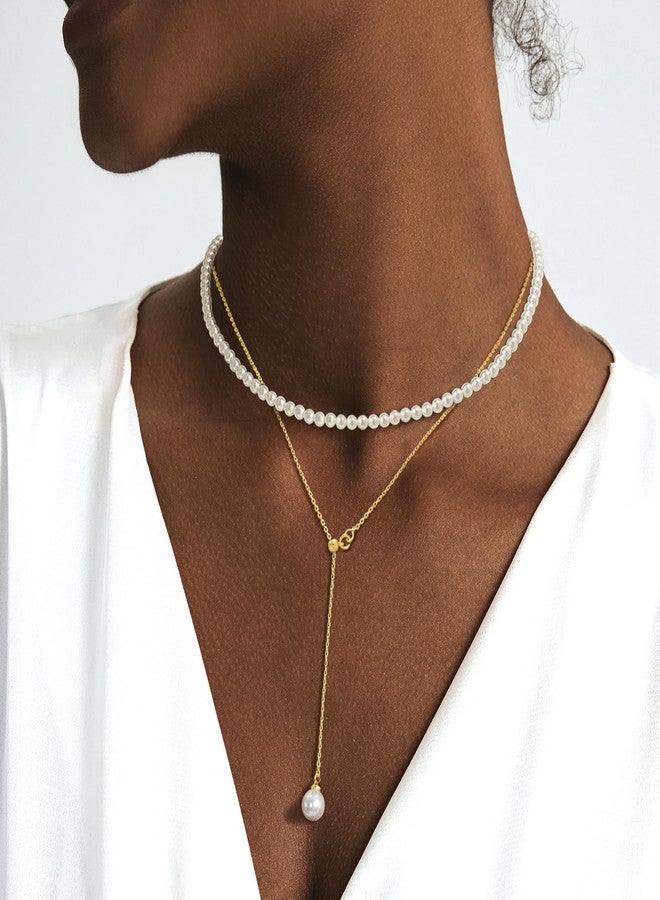 Zeffy Layered Long Pearl Necklaces Dainty Gold Pearl Lariat Necklace Stack Prom Drop Dangle Statement Adjustable Necklace Trendy Simple Pearl Choker Y-Shaped Chain Wedding Women's Jewelry Set Gift, 14 - Image 2