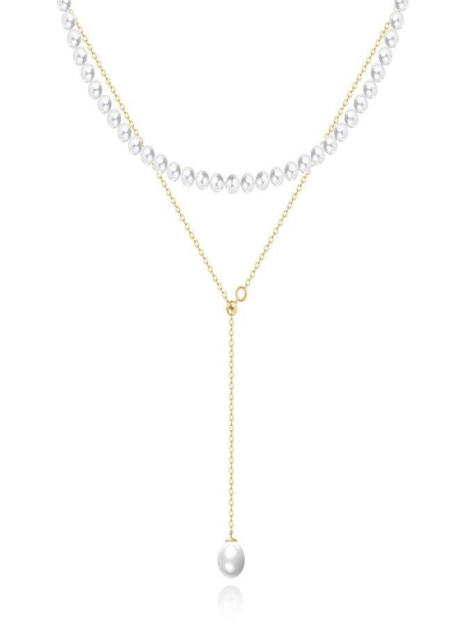 Zeffy Layered Long Pearl Necklaces Dainty Gold Pearl Lariat Necklace Stack Prom Drop Dangle Statement Adjustable Necklace Trendy Simple Pearl Choker Y-Shaped Chain Wedding Women's Jewelry Set Gift, 14 - Image 1