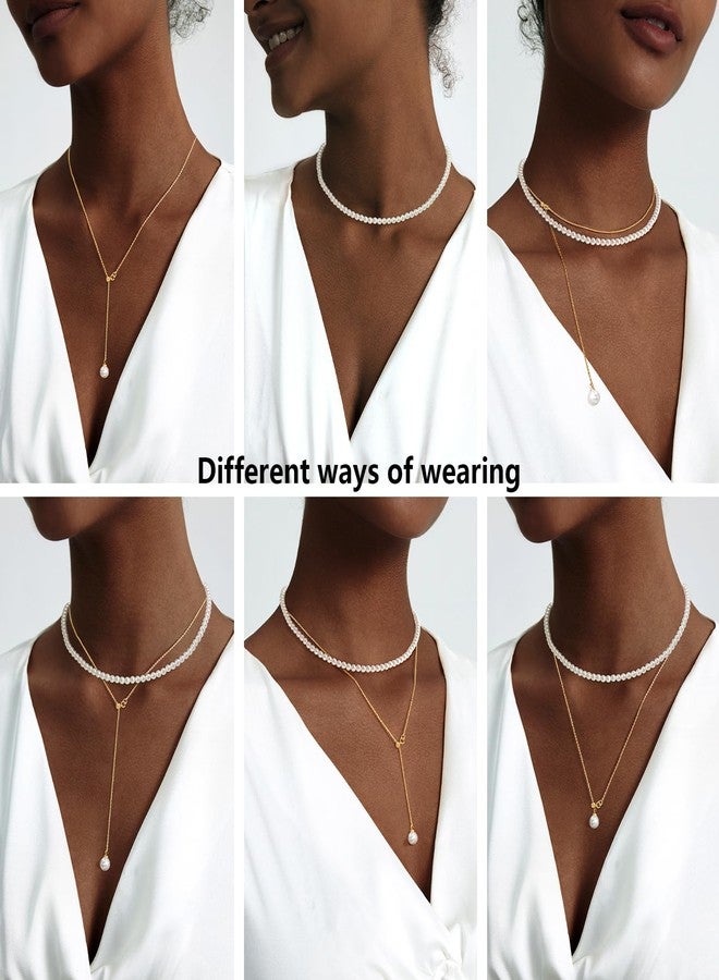 Zeffy Layered Long Pearl Necklaces Dainty Gold Pearl Lariat Necklace Stack Prom Drop Dangle Statement Adjustable Necklace Trendy Simple Pearl Choker Y-Shaped Chain Wedding Women's Jewelry Set Gift, 14 - Image 5