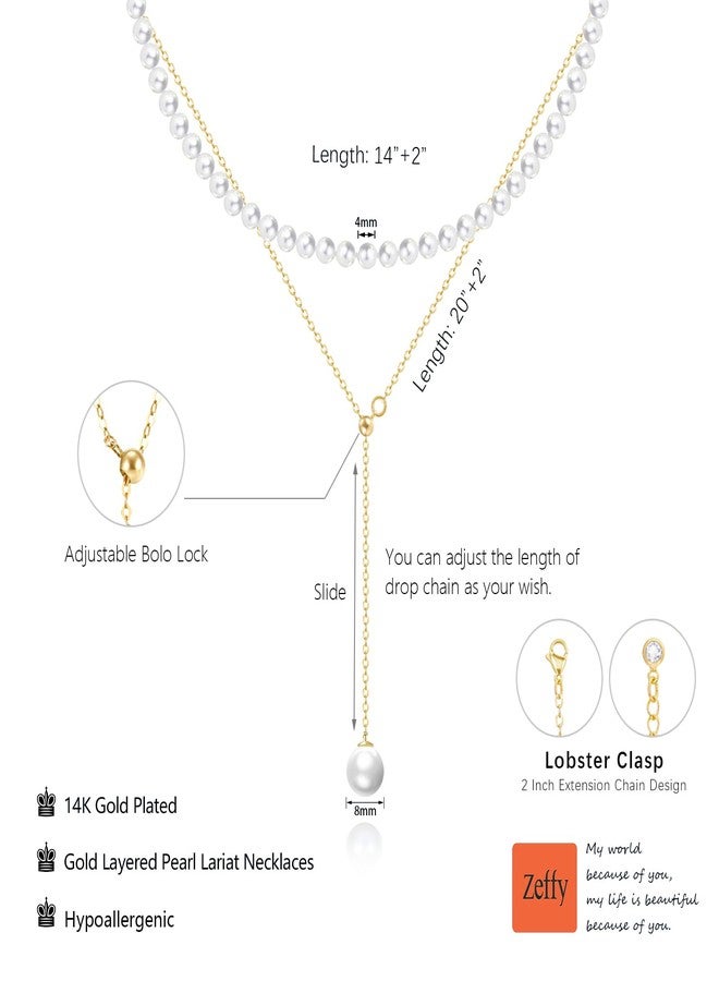 Zeffy Layered Long Pearl Necklaces Dainty Gold Pearl Lariat Necklace Stack Prom Drop Dangle Statement Adjustable Necklace Trendy Simple Pearl Choker Y-Shaped Chain Wedding Women's Jewelry Set Gift, 14 - Image 4