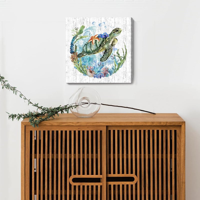 amatop Canvas Wall Art Bathroom Coastal Decor Sea Turtle Canvas Picture Framed Ocean Beach Theme Seascape Artwork Green Blue Nautical Sealife Animal Starfish Coral Conch Seaweed Canvas Print for Baby Nursery - Image 5