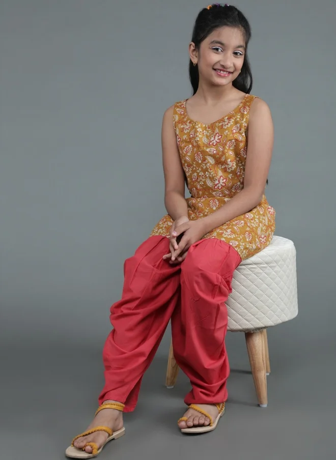 أيه كيه إس Mustard Floral Printed Top With Dhoti Pant For Girls