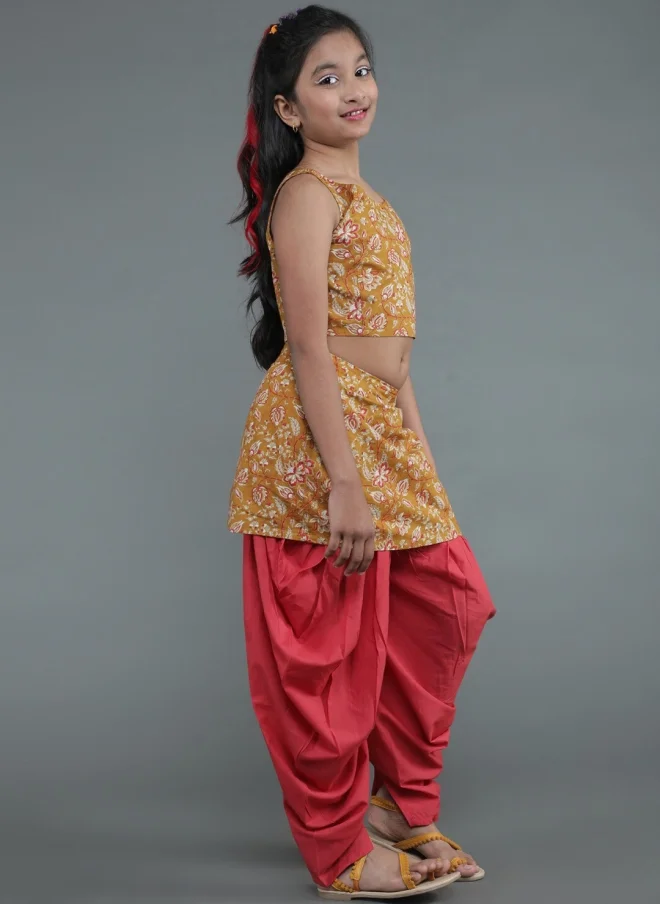 أيه كيه إس Mustard Floral Printed Top With Dhoti Pant For Girls