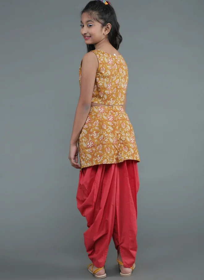 أيه كيه إس Mustard Floral Printed Top With Dhoti Pant For Girls