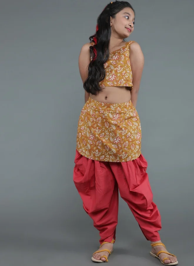 أيه كيه إس Mustard Floral Printed Top With Dhoti Pant For Girls