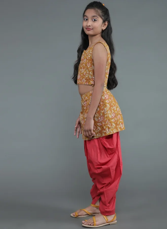 أيه كيه إس Mustard Floral Printed Top With Dhoti Pant For Girls