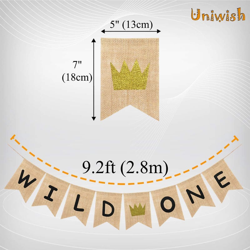 Uniwish Wild One Banner Boy Girl 1st Birthday Party Decorations  Vintage Rustic Burlap Bunting for Baby First Birthday Sign with Glitter Crown - Image 3