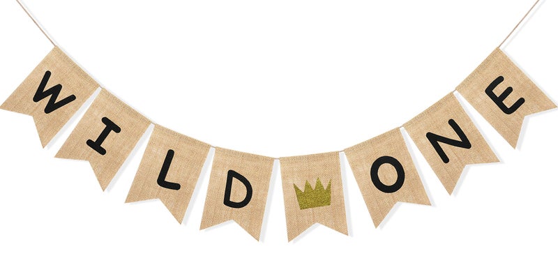 Uniwish Wild One Banner Boy Girl 1st Birthday Party Decorations  Vintage Rustic Burlap Bunting for Baby First Birthday Sign with Glitter Crown - Image 1