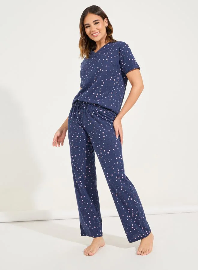 Styli Cotton All Over Star Print T-Shirt & Pyjama Set