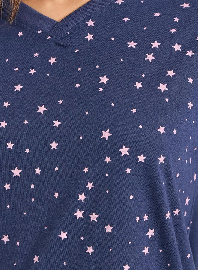 Styli Cotton All Over Star Print T-Shirt & Pyjama Set