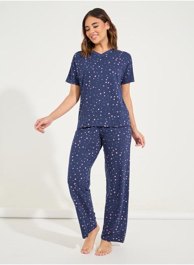 Styli Cotton All Over Star Print T-Shirt & Pyjama Set  - Image 1