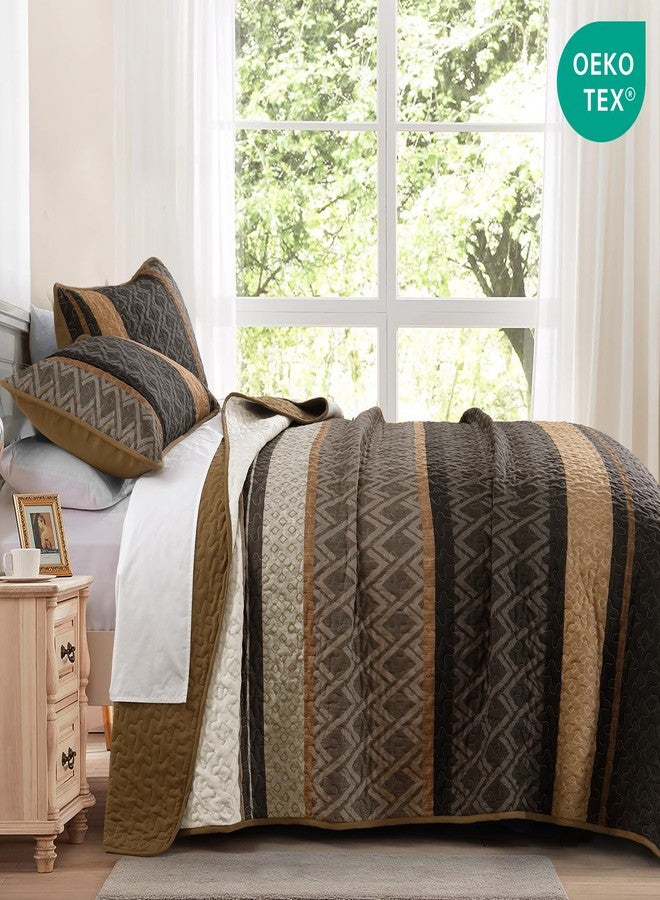 Dinjoy King Size Quilt Set Boho, Soft 3 Pieces Striped Bedspreads Quilts Brown Bedding Sets Boho Lightweight Quilted Coverlets Set Fall Bed for All Seasons 110"x90" - Image 3