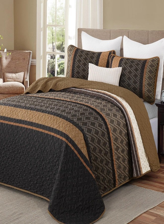 Dinjoy King Size Quilt Set Boho, Soft 3 Pieces Striped Bedspreads Quilts Brown Bedding Sets Boho Lightweight Quilted Coverlets Set Fall Bed for All Seasons 110"x90" - Image 1