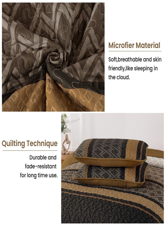 Dinjoy King Size Quilt Set Boho, Soft 3 Pieces Striped Bedspreads Quilts Brown Bedding Sets Boho Lightweight Quilted Coverlets Set Fall Bed for All Seasons 110"x90" - Image 4