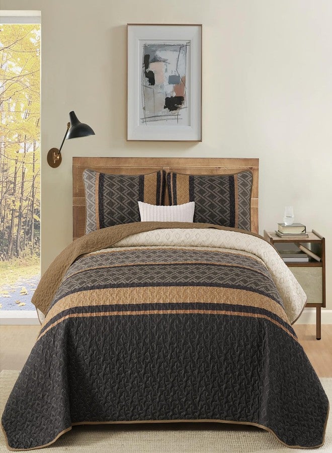 Dinjoy King Size Quilt Set Boho, Soft 3 Pieces Striped Bedspreads Quilts Brown Bedding Sets Boho Lightweight Quilted Coverlets Set Fall Bed for All Seasons 110"x90" - Image 2