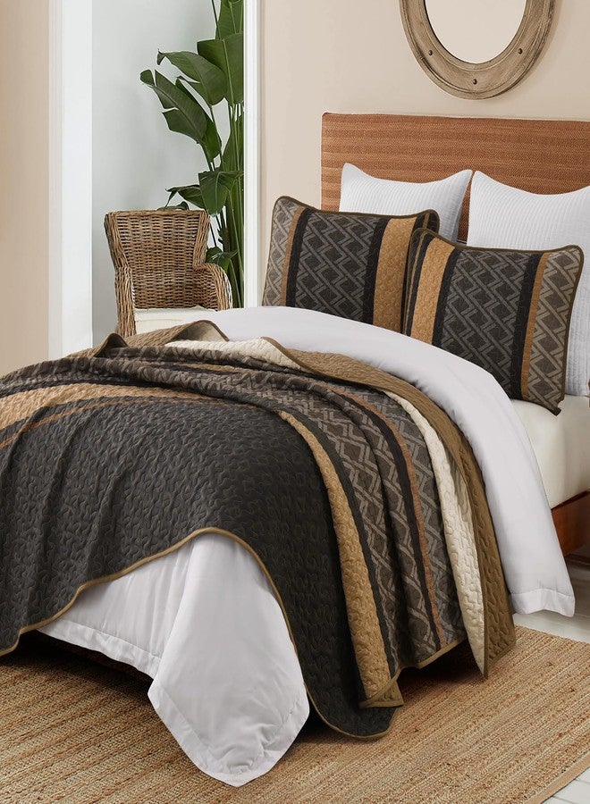 Dinjoy King Size Quilt Set Boho, Soft 3 Pieces Striped Bedspreads Quilts Brown Bedding Sets Boho Lightweight Quilted Coverlets Set Fall Bed for All Seasons 110"x90" - Image 5