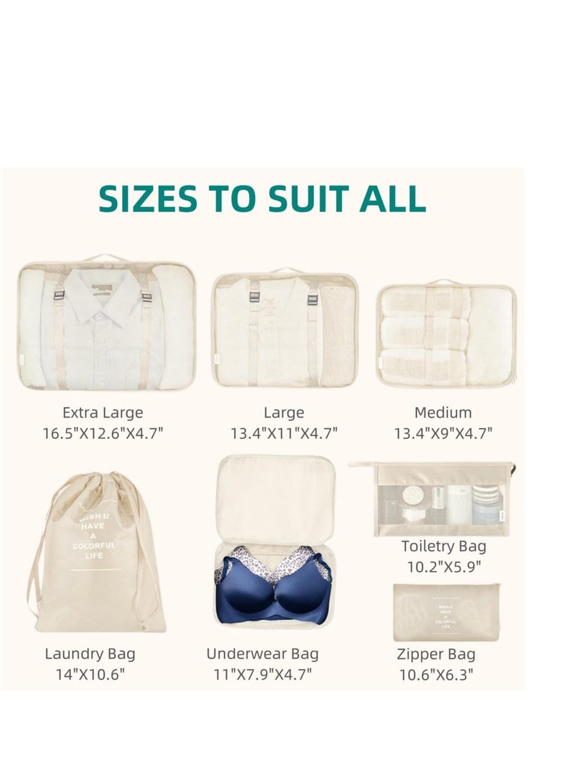 Arabest Travel Organizer - Set of 7 Portable Reusable Travel Luggage for Suitcase Organizer, Storage Bag, Compression Bag, Travel Bag with Zipper (Beige) - Image 2