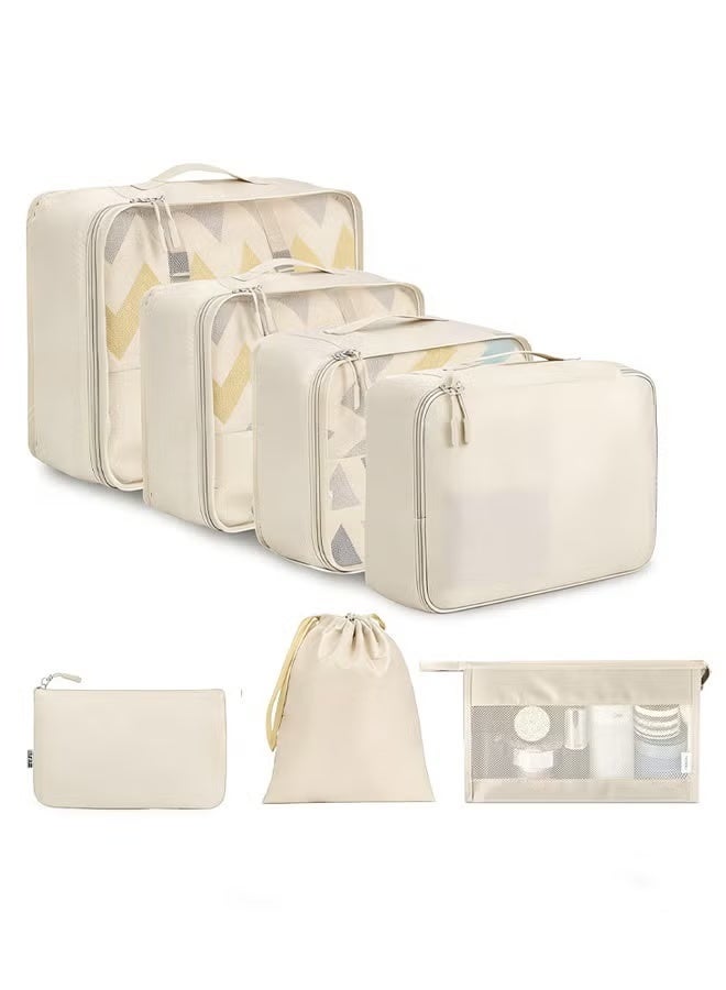 Arabest Travel Organizer - Set of 7 Portable Reusable Travel Luggage for Suitcase Organizer, Storage Bag, Compression Bag, Travel Bag with Zipper (Beige) - Image 1