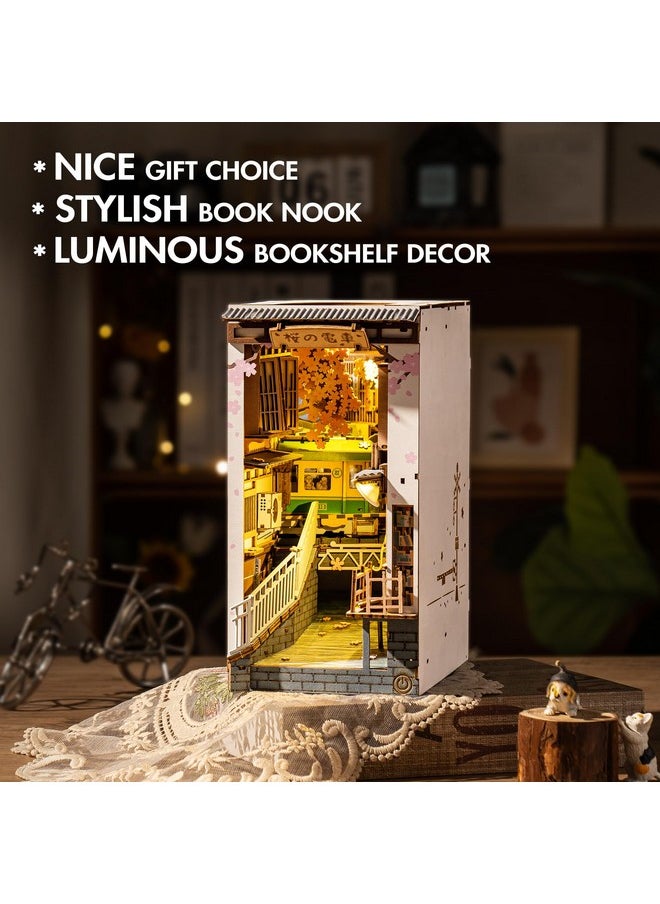 RoWood Rowood Book Nook Kit, Bookshelf Insert Decor Alley 3D Wooden Puzzle, DIY Bookend Building Set Model Kit with LED Light -Sakura Tram  - Image 2