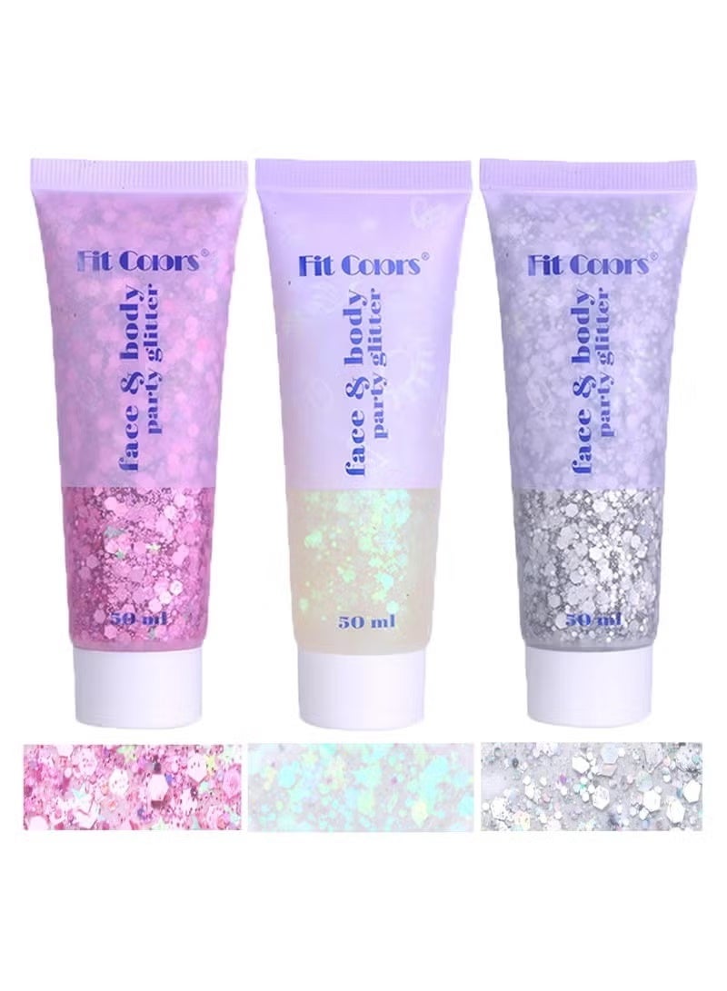 Fit Colors Body Glitter Face Glitter Gel: Singer Concerts Disco Festival Rave Accessories Face Glitter Makeup 150ml Chunky Sequins Mermaid Face Body Hair Glitter Gel (White&Silver&Pink) - Image 1