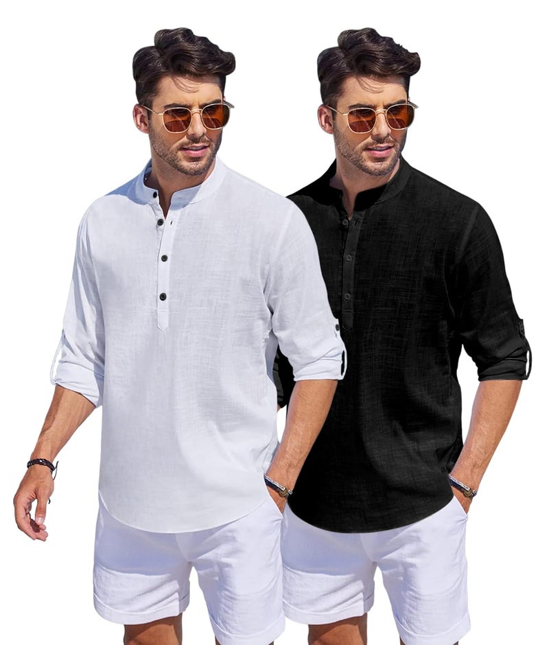 Bellstone Men's Cotton Blend Straight Kurta Shirt Combo with Mandarin Collar - Slim Fit Casual Short Kurti Set Featuring Textured Slub Fabric and Roll-Up Full Sleeves - Image 2