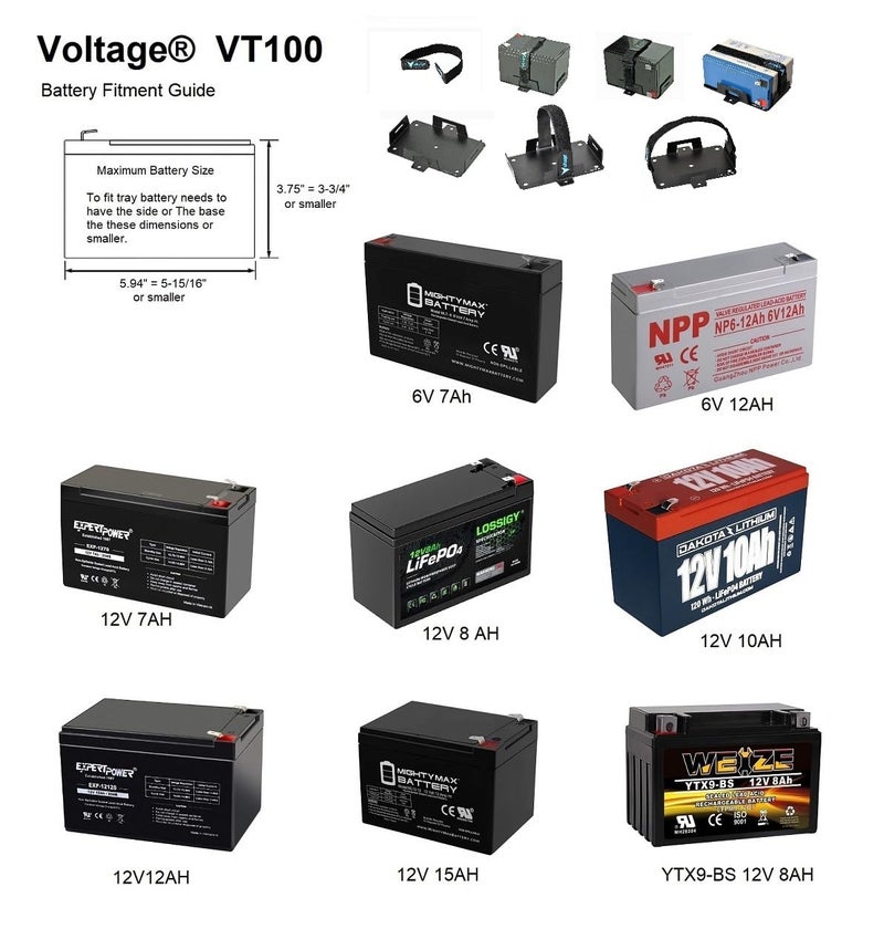 Voltage Small Battery Tray for 12V 15AH, 12V 12AH,12V 9AH, 12V 8AH, 12V 7AH,12V 6AH, 6V 7AH, 6V 12AH, YTX7B-BS, YTX9-BS, YTX14BS Batteries and More. Battery Mount with Hold Down Strap VT-100 - Image 3