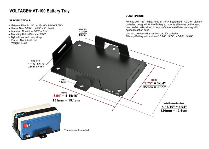 Voltage Small Battery Tray for 12V 15AH, 12V 12AH,12V 9AH, 12V 8AH, 12V 7AH,12V 6AH, 6V 7AH, 6V 12AH, YTX7B-BS, YTX9-BS, YTX14BS Batteries and More. Battery Mount with Hold Down Strap VT-100 - Image 4