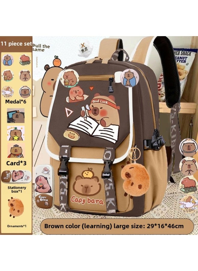 Large Capacity School Backpack Capybara Cartoon Design Primary School Student Double Shoulder Bag Wear Resistant Student Bag-Color:brown Cross Zipper Learning 【Kappi Bala】 Large Size-Dimensions:Scho - Image 1
