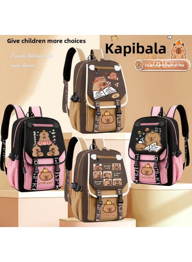 Large Capacity School Backpack Capybara Cartoon Design Primary School Student Double Shoulder Bag Wear Resistant Student Bag-Color:brown Cross Zipper Learning 【Kappi Bala】 Large Size-Dimensions:Scho - Image 2