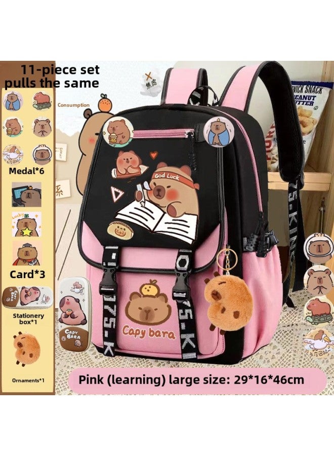 Large Capacity School Backpack Capybara Cartoon Design Primary School Student Double Shoulder Bag Wear Resistant Student Bag-Color:brown Cross Zipper Learning 【Kappi Bala】 Large Size-Dimensions:Scho - Image 4
