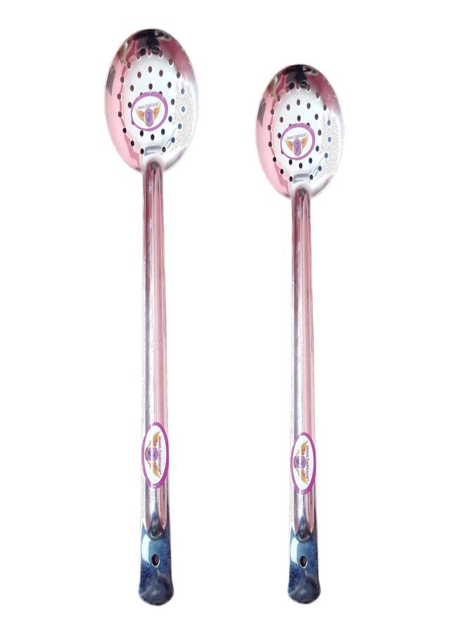 Jayam Traditional Stainless Steel Cooking and Serving Spoon Set for 2 | Medium | Large (Skimmer) - Image 1