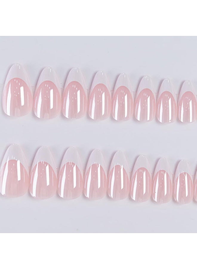 ATRJSZ Press On Nails - Almond Fake Nails - French Tip False Nails Press ons - Medium Glue on Nails with Chrome Design - for Women Stick on Nail 24Pcs - Image 5