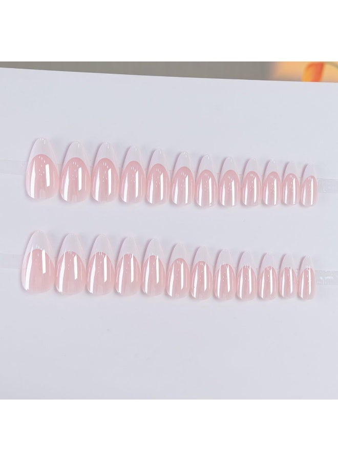 ATRJSZ Press On Nails - Almond Fake Nails - French Tip False Nails Press ons - Medium Glue on Nails with Chrome Design - for Women Stick on Nail 24Pcs - Image 4
