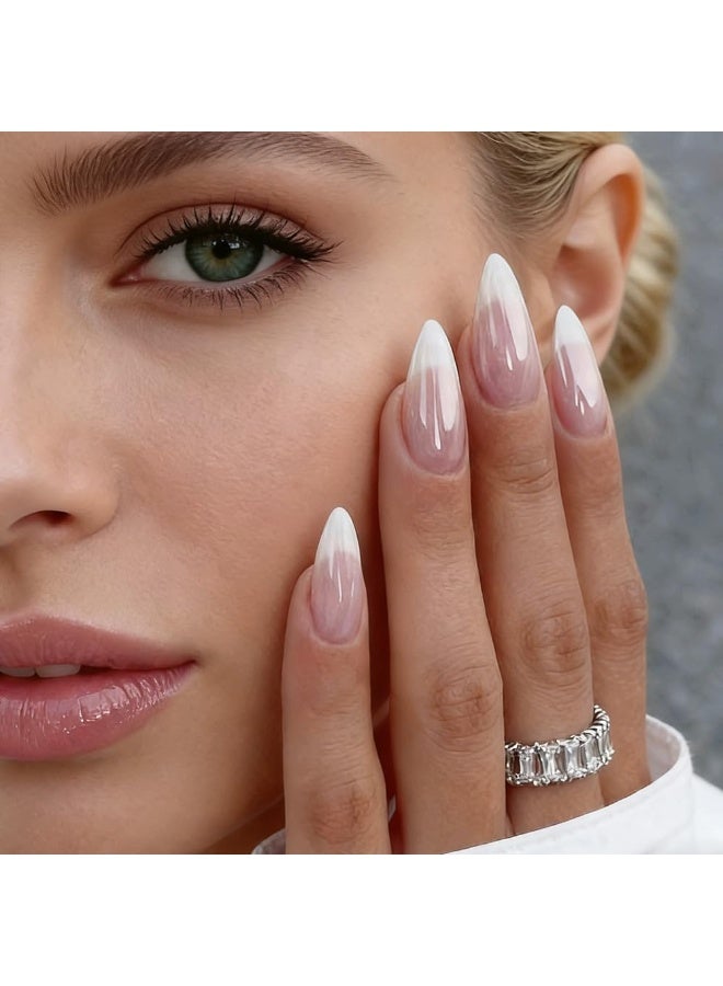 ATRJSZ Press On Nails - Almond Fake Nails - French Tip False Nails Press ons - Medium Glue on Nails with Chrome Design - for Women Stick on Nail 24Pcs - Image 3