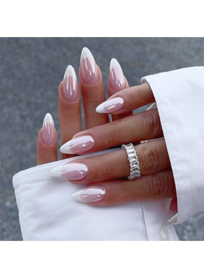 ATRJSZ Press On Nails - Almond Fake Nails - French Tip False Nails Press ons - Medium Glue on Nails with Chrome Design - for Women Stick on Nail 24Pcs - Image 1