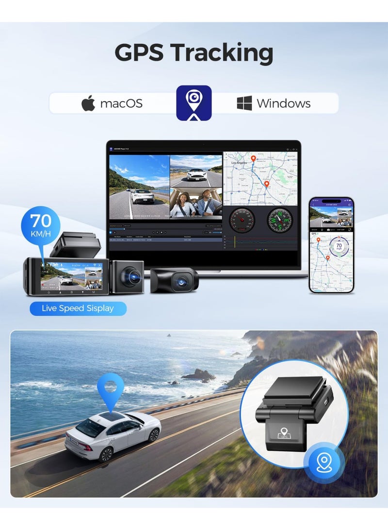 أزدوم كاميرا السيارة AZDOME M550 بثلاث عدسات تصوير أمامي بدقة 4K، خلفي بدقة 2.5K، وداخلي بدقة 1080P، مزودة بخاصية الواي فاي ونظام تحديد المواقع GPS، تدعم الرؤية الليلية، مع خاصية التسجيل أثناء توقف السيارة على مدار 24 ساعة، ومرفقة ببطاقة ذاكرة سعة 64 جيجابايت. - Image 4